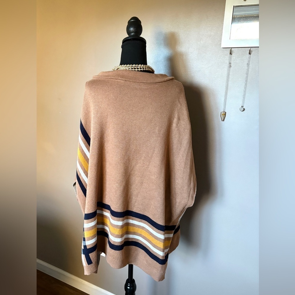 TALBOTS Sabrina poncho sweater preppy classic fall tan navy mustard EUC sz M/L - Picture 5 of 15